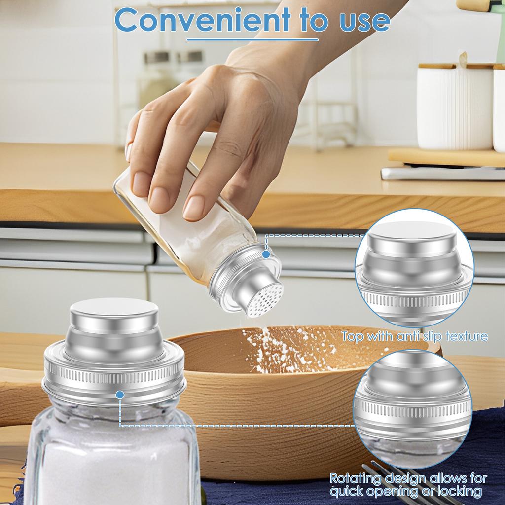 6Pcs Mason Jar Shaker Lids Caps Stainless Steel Shaker Cap with Sealing Silicone Gasket Glass Jar Shaker Lid for Spices Cocktail