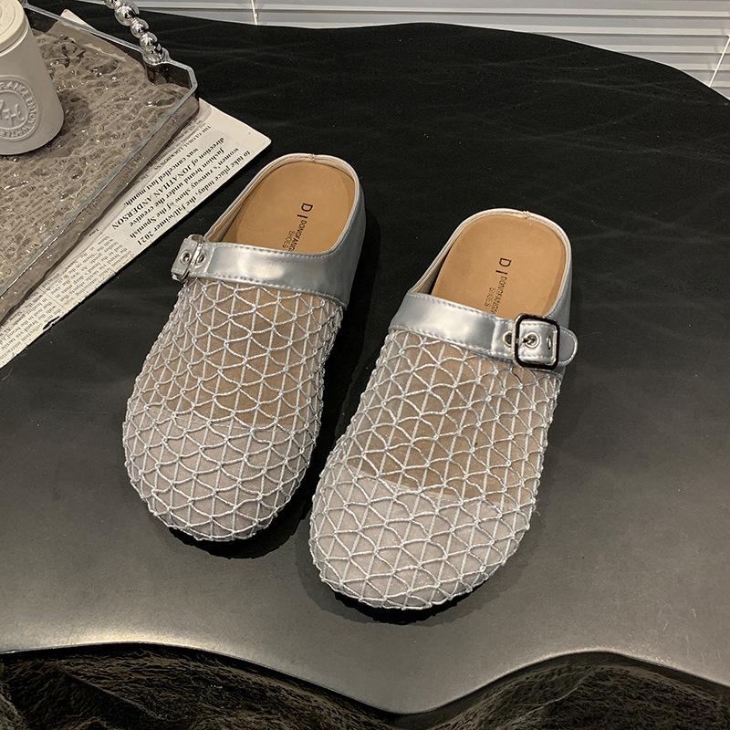 Flat-bottomed bag head half slippers women's summer 2025 new outer wear woven mesh breathable one pedal lazy half slippers