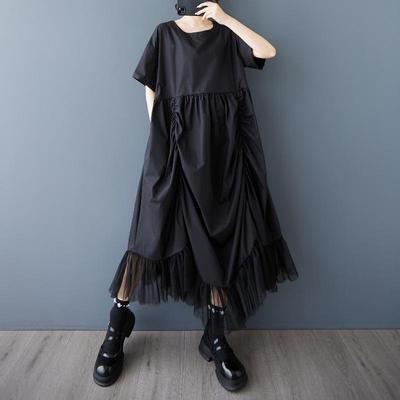 Kort mouw Plus size Zwart vintage nieuw binnen jurken voor vrouwen casual losse lange zomerjurk