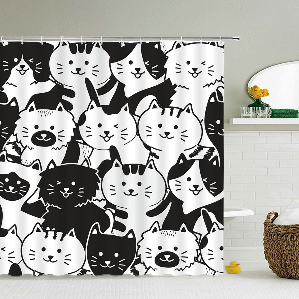 Cat Cartoon Animal Print Shower Curtain Bathroom Bathtub Shower Cover Shower Curtain with 12 Hooks Shower Curtain W90xH180cm