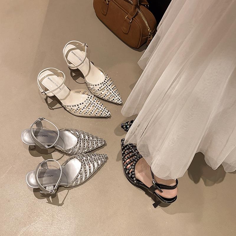 Rhinestone Bag Head Hollow Sandals Women's Large Size Summer New Models with High Heels Niche Temperament