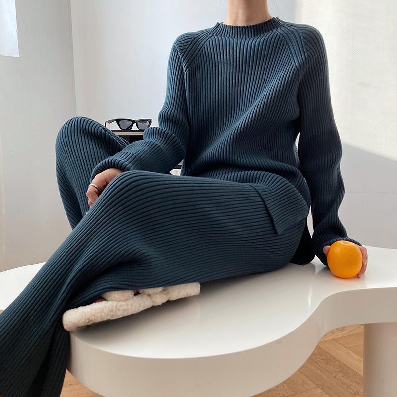 2025 Spring Elegant Solid Color Knit Sweater & Wide-Leg Pants Two-Piece Set for Women