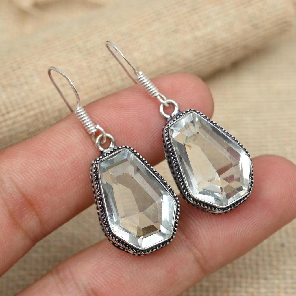 Orecchini fatti a mano in argento sterling 925 con pietra preziosa topazio bianco, regalo delicato per lei