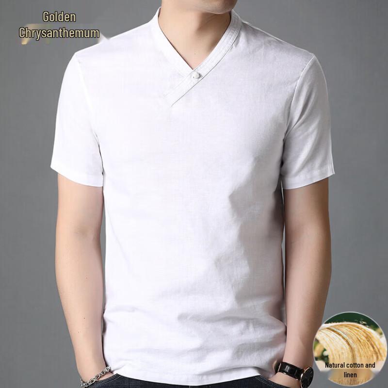 Men s V-Neck Linen Blend Short Sleeve T-Shirt 3XL