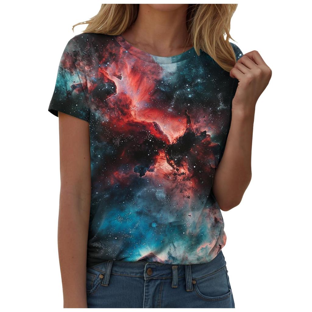 Women Galaxy Print T Shirts Glitter T-Shirts Fashionable Starry Sky Summer T-Shirts Round Neck Woman'S Summer Tops