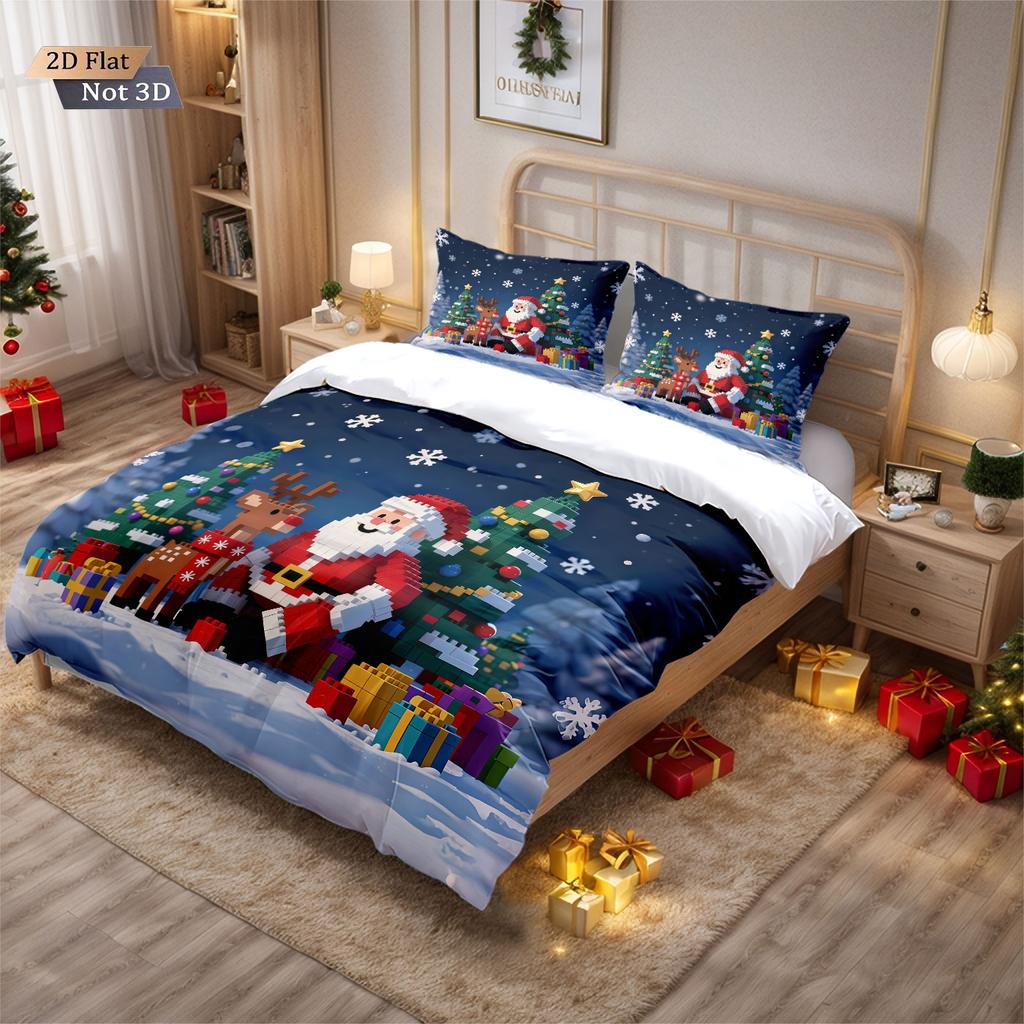 3pcs building block cartoon Santa Claus print coreless duvet cover set, multi size bedroom, holiday bedding, holiday decoration