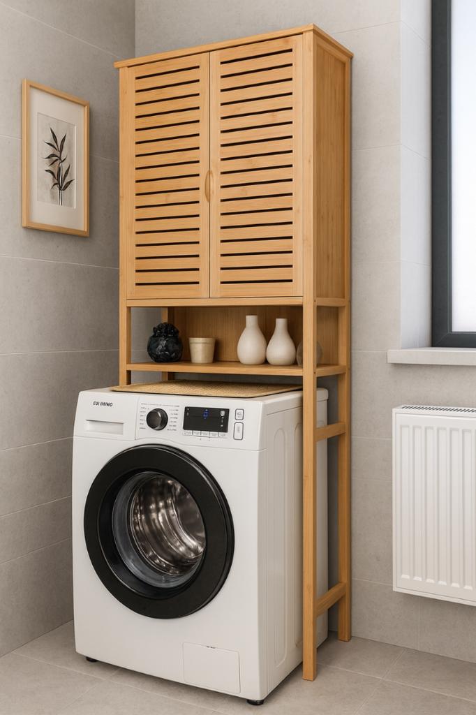Badezimmerschrank über Waschmaschine mit Regalen, Freistehend, Abschließbar, Bambus, 170X66X23Cm