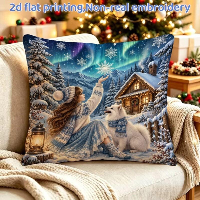 2D Flat Printed Pillowcase, Single-sided Print, Pillow Insert Not Included, Zipper Closure, 1pc 45x45cm/18x18 Inches, Featuring a Magical Winter Auror