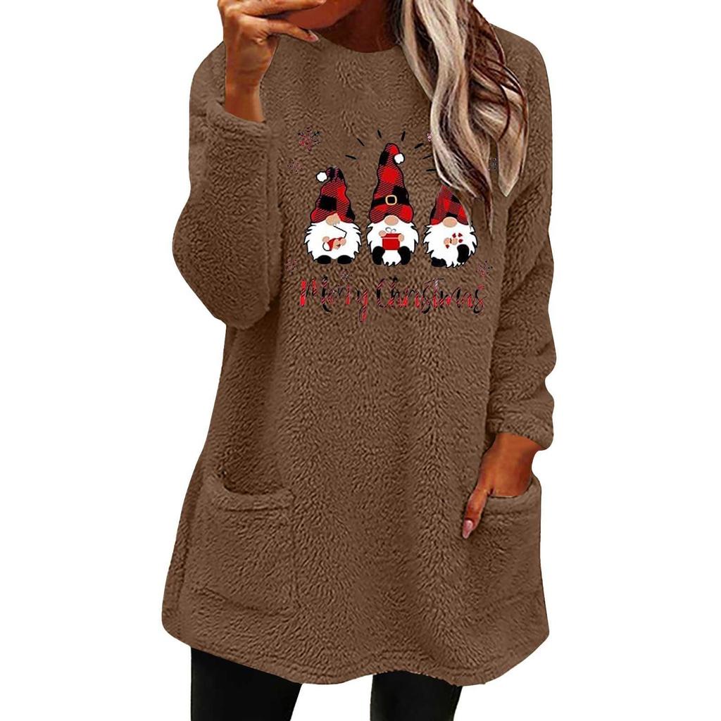 Women's Christmas Letter Print Round Neck Loose Long Sleeve Plush Hoodie