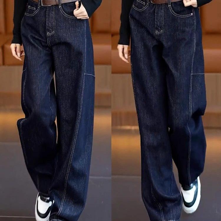 2025 Women's High Waist Slimming Straight Leg Fleece Jeans - Versatile Autumn/Winter Blue Denim