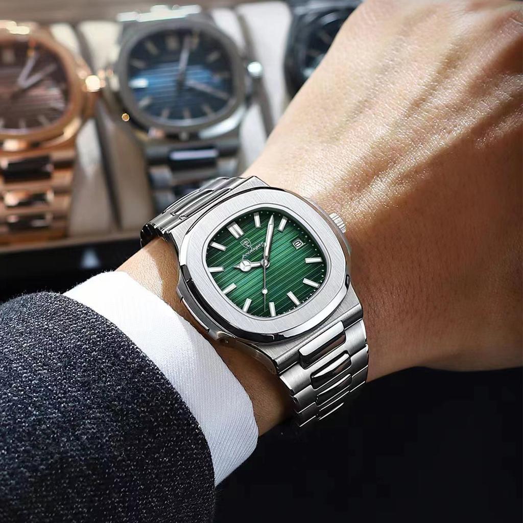 POEDAGAR Square Business Men Clock Stainless Steel Waterproof Luminous Date Male Wristwatch Sports Luxury Quartz Watches For Men