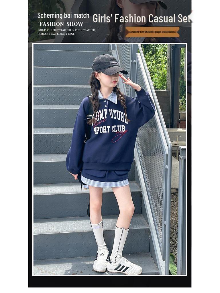 2025 Autumn Korean Style Outfit: Girls' Fashion Sweatshirt & Street Style Midi Skirt Set