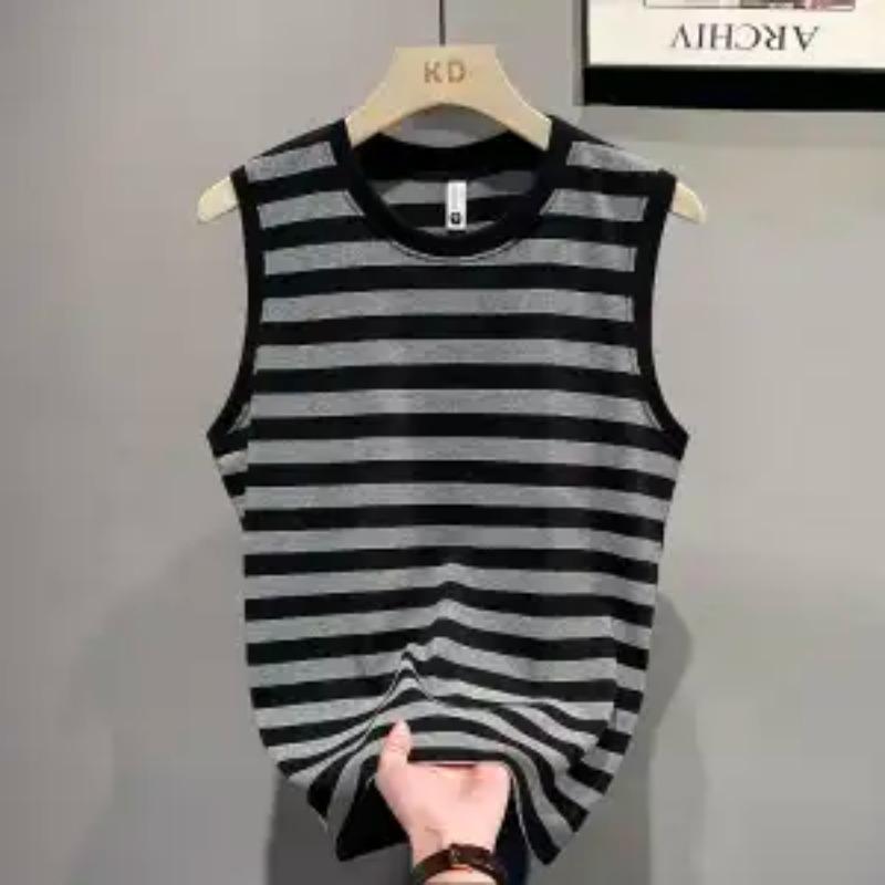 Mens Black Gray Striped Sleeveless Crew Neck Knit Tank Top M чёрный