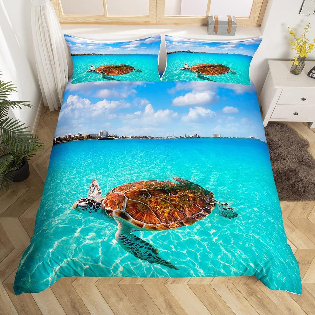 Three-Piece Marine Turtle Animal Digital Print Quilt Pillowcase Bedding Home Textile Kit