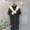 C S In The Room Tumi Stripe Short Sleeve Knit Long dreSS SCarf Set 2Color