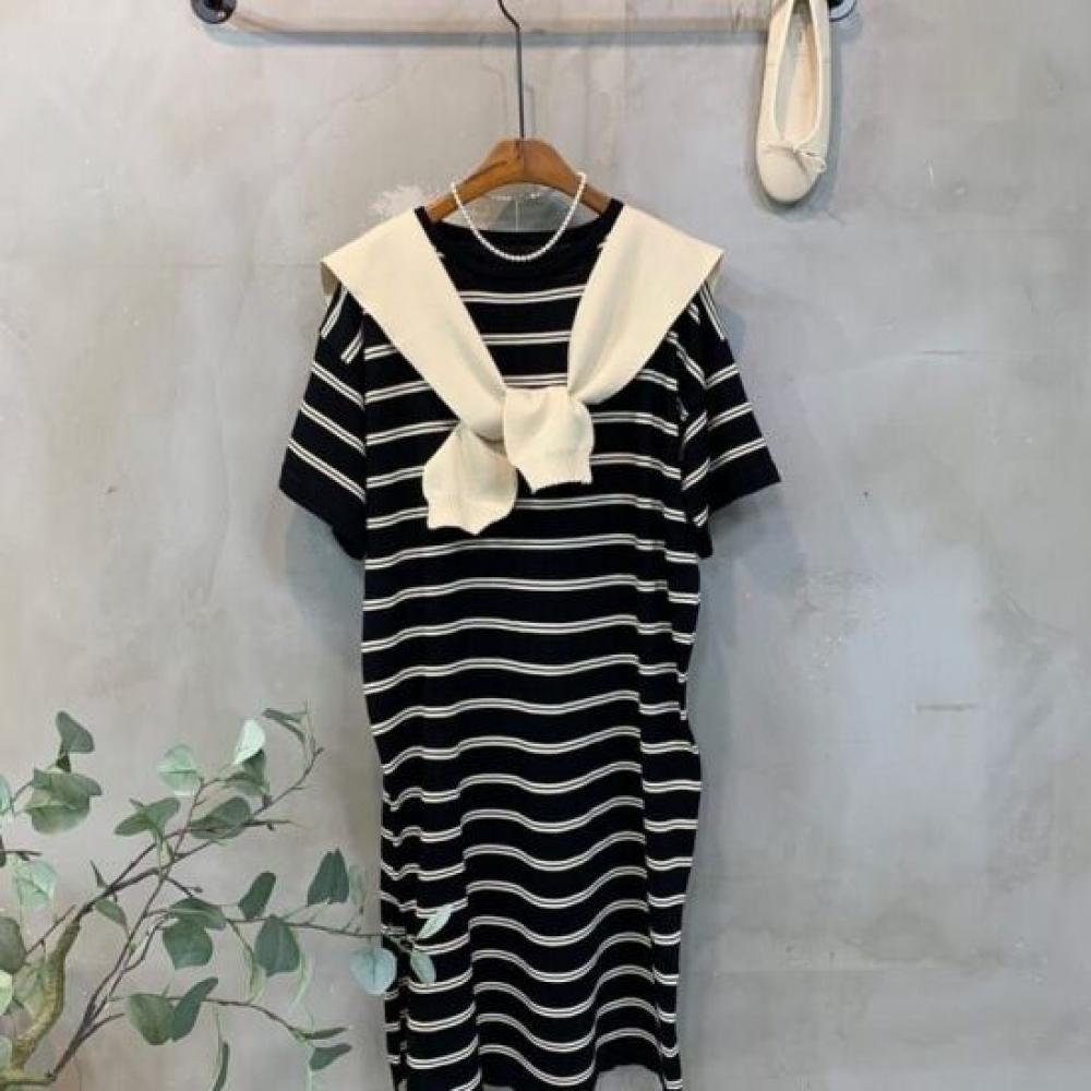 C S In The Room Tumi Stripe Short Sleeve Knit Long dreSS SCarf Set 2Color