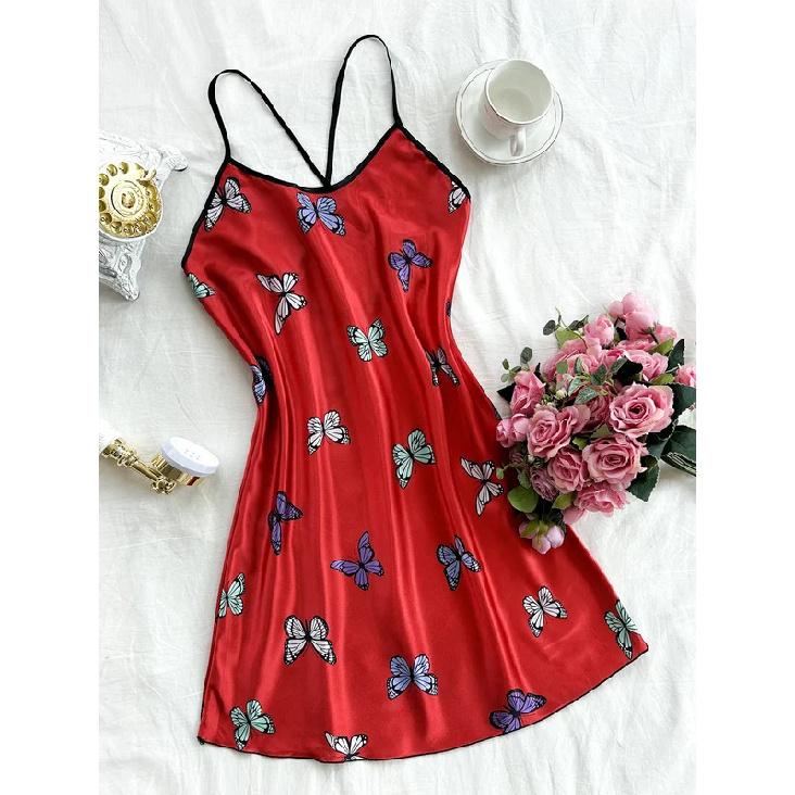 

European-style ice silk slip nightdress sexy backless pajama lady imitation silk casual breathable printed butterfly slip dress S синій