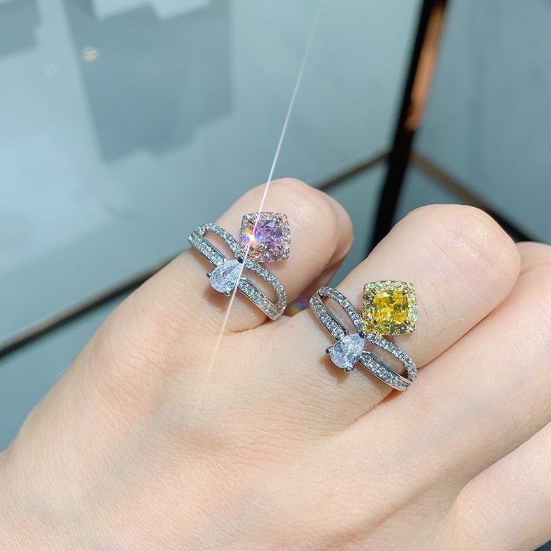 Zircon Women's Ring Pink Yellow Colored Square Jewelry High Carbon