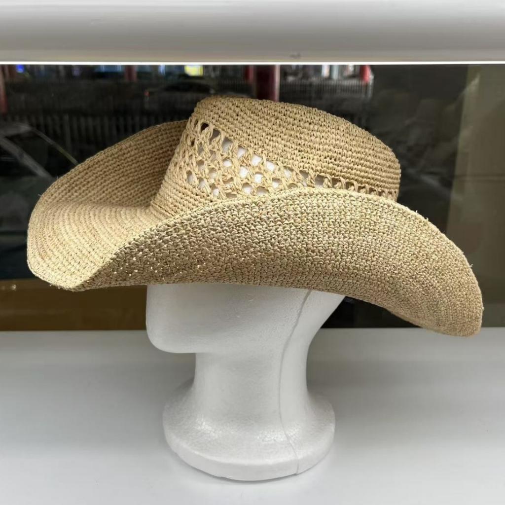 Natural raffia hollow woven hat women's summer vacation big eaves sun protection hat retro western denim sun hat