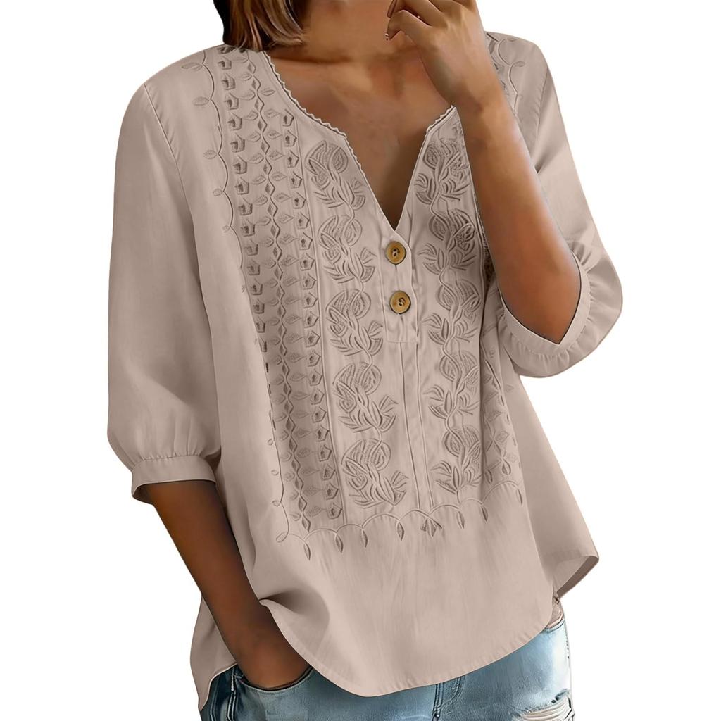 Damen V-Ausschnitt Dreiviertelarm Bestickte Knopfleistenbluse mit Blumenmuster Lockerer Schnitt Lässiges Oberteil
