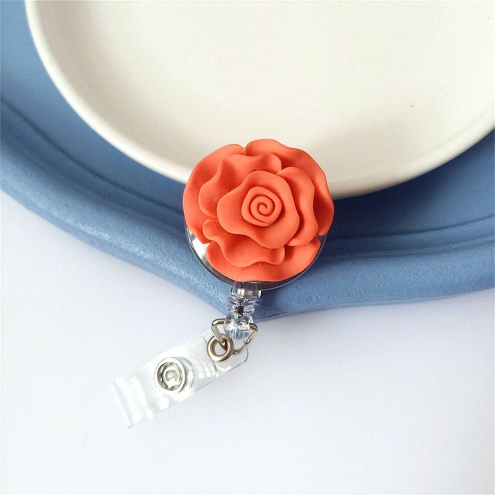 

Bow Flower Retractable Badge Holder Name Tag Easy Pull Buckle Cute Nurse Badge Reel Office School Orange-Flower