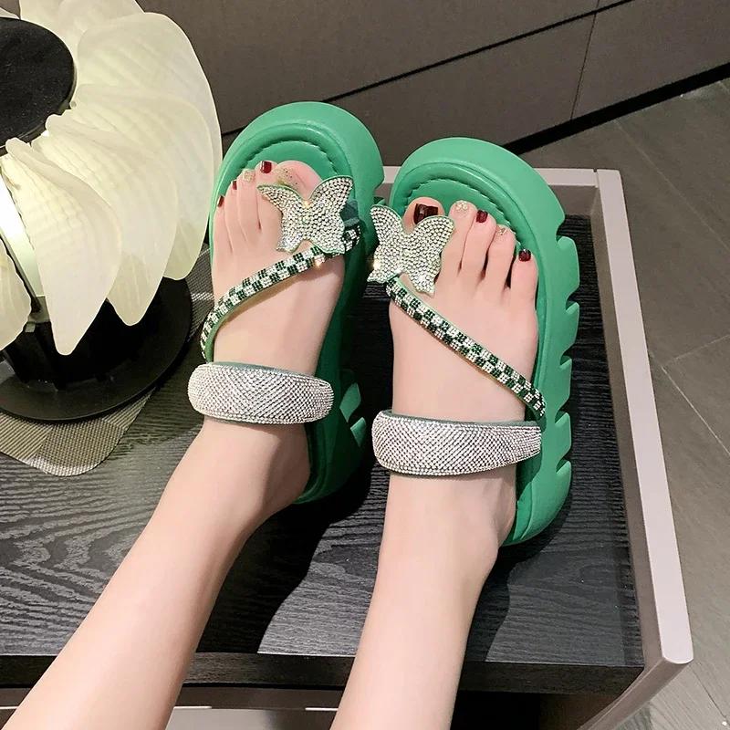 Fashion Women's Flat Slippers Toe Clip Bow Tie Rhinestones Anti-slip Slippers Shoes Leisure Beach Summer Fashion New Sandalias De Mujer