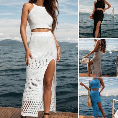 2025 Neuer Damen Mittel- und Langrock mit Schlitz, Dünn und Figurbetont, Gerader Strandrock Überwurf, Bikini-Bluse.