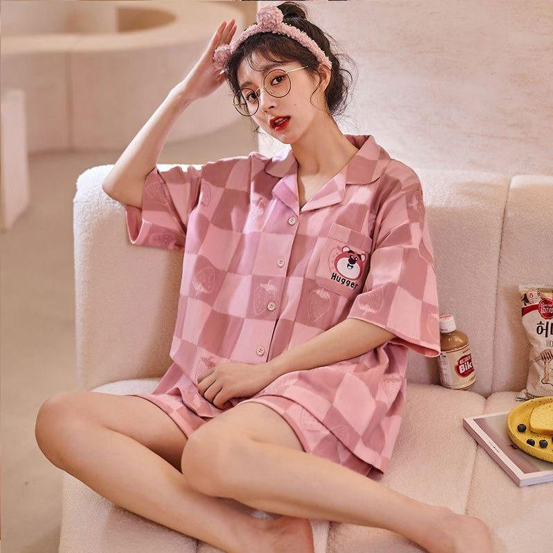 GMXIA High-quality Cotton-like Cute Cardigan Short-sleeved Student Pajamas for Women, Sweet Summer Style for Women's Home Wear