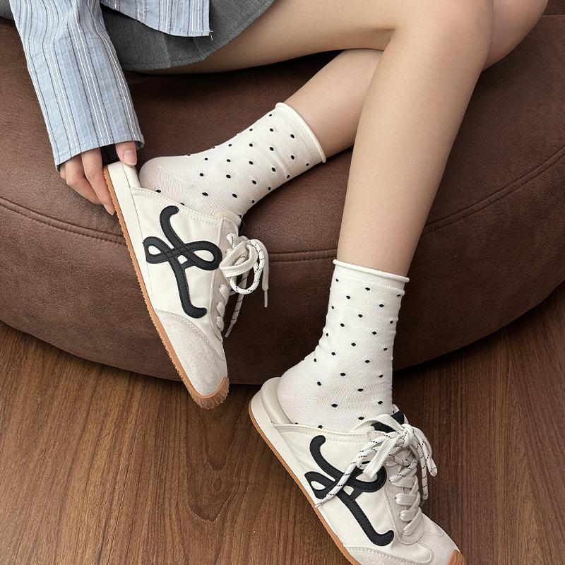 Women's Retro Polka Dot Cotton Rolled Hem Mid-Calf Slouchy Socks - Breathable & Soft