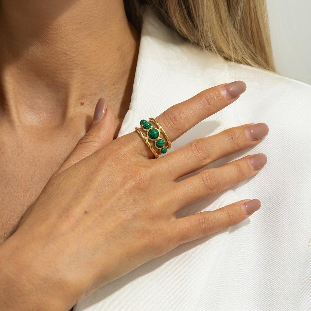 Green Natural Stone Stainless Steel Gold Plated Rings for Women Men Hollow Geometry Female Rings Charms Waterproof Jewelry