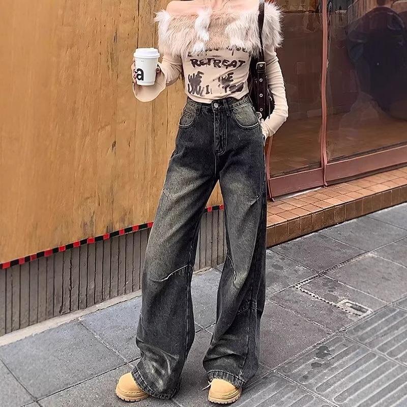 

Women s High-Waist Straight Leg Jeans - Slim Fit, Small Wide Leg, Perfect for Spring, Autumn, Winter 2024. Large (L) чорний/сірий