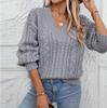 Women's Fashion Casual Loose Solid Color Pullover Retro Cable V-Neck Long Sleeve Knit Sweater