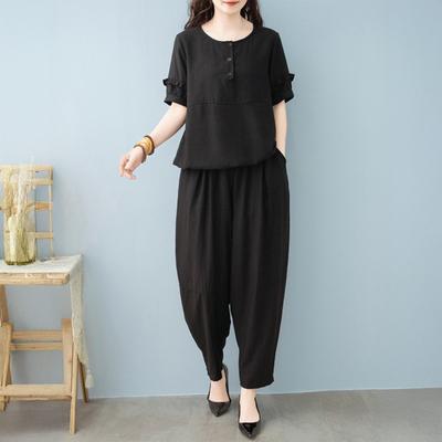 Women's Cotton Linen 2-Piece Outfit Casual Short Sleeve Crew Neck Top And Long Pants Set with Pockets Summer Loose Lounge Suit