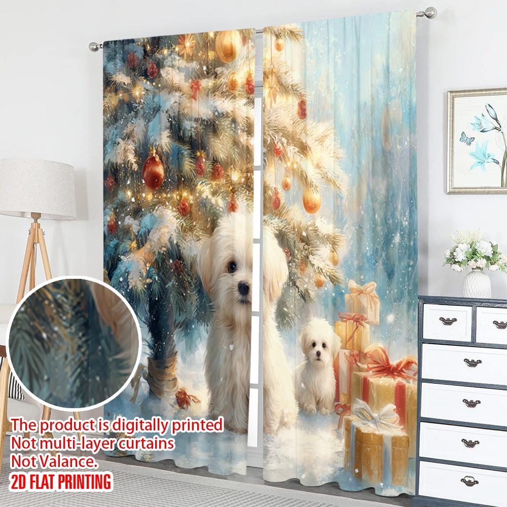 Set Of 2 Flat Printing Merry Christmas Curtains Puppies Snow Gift Digital Printed Polyester Drapes Family Party Made