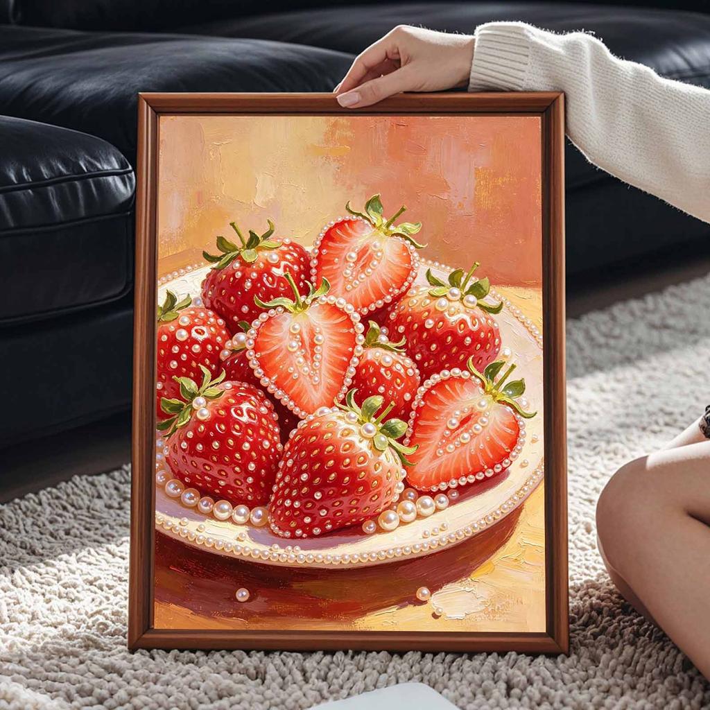 5D Framed Pearl Painting Kit Fresh Strawberry Pattern Sparkling Bead Art Canvas Ready to Display Romantic Home Decor Gift Exquisite Kitchen Wall Decor