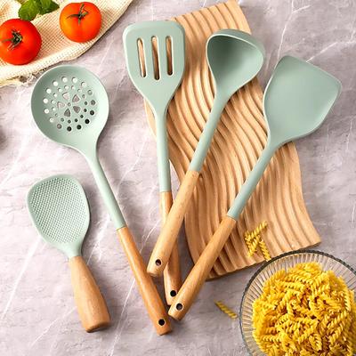 5Pcs Silicone Kitchen Utensils Set Wooden Handle Non-stick Spatula Cookware Set Fried Shovel Leaky Spoon Rice Spoon Kitchen Tool