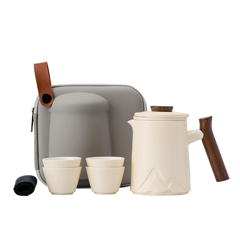 Embossed Mountain Travel Tea Set: Portable Quick-Brew Pot with Four Cups