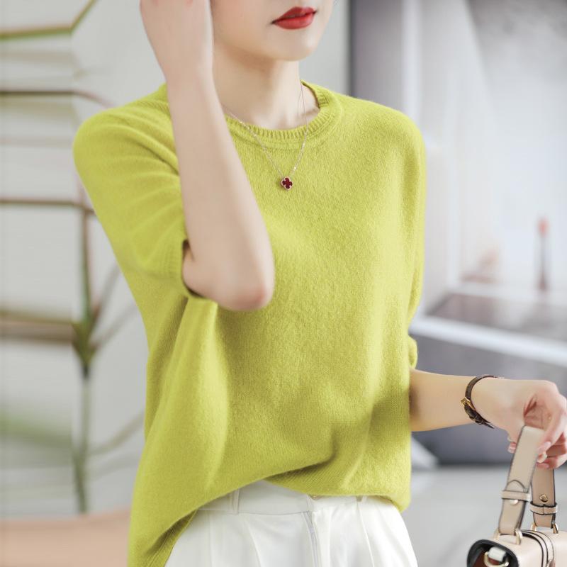 Silk Cashmere Multi-color First-line Ready-to-wear Exquisite Short-sleeved Sweater Spring and Autumn Latest Light Cloud Velvet Short T-shirt