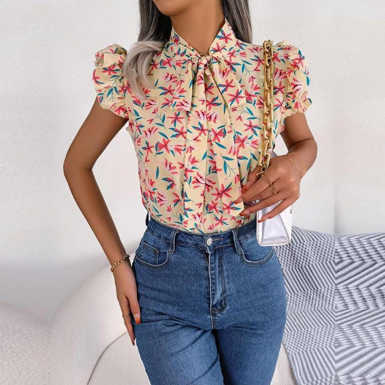 Damen Sommer Chiffon Bluse Floral Schnürung Schleife Holzohr Hemd