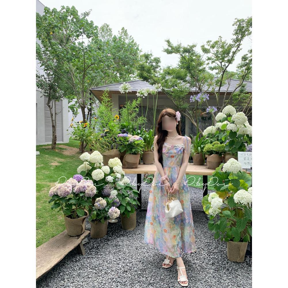 Beautiful suspender dress dress female summer super good-looking beach vacation style casual female smudged floral long skirt
