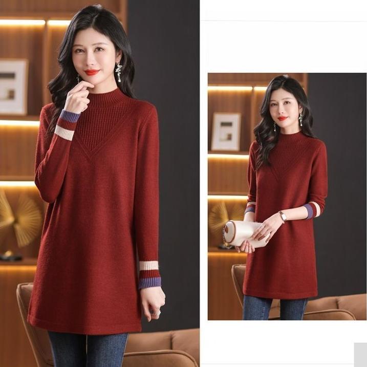 Mid-length Knitted Sweater Women's Fashion Solid Color Loose Large-sized Sweater Autumn and Winter Casual Half Turtleneck Pullover