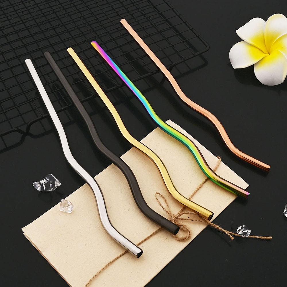 8*235mm Wave Reusable Coloful Straw Set 304 Stainless Steel Straw Bent Drinking Straw With Cleaning Brush Home Bar Accessory