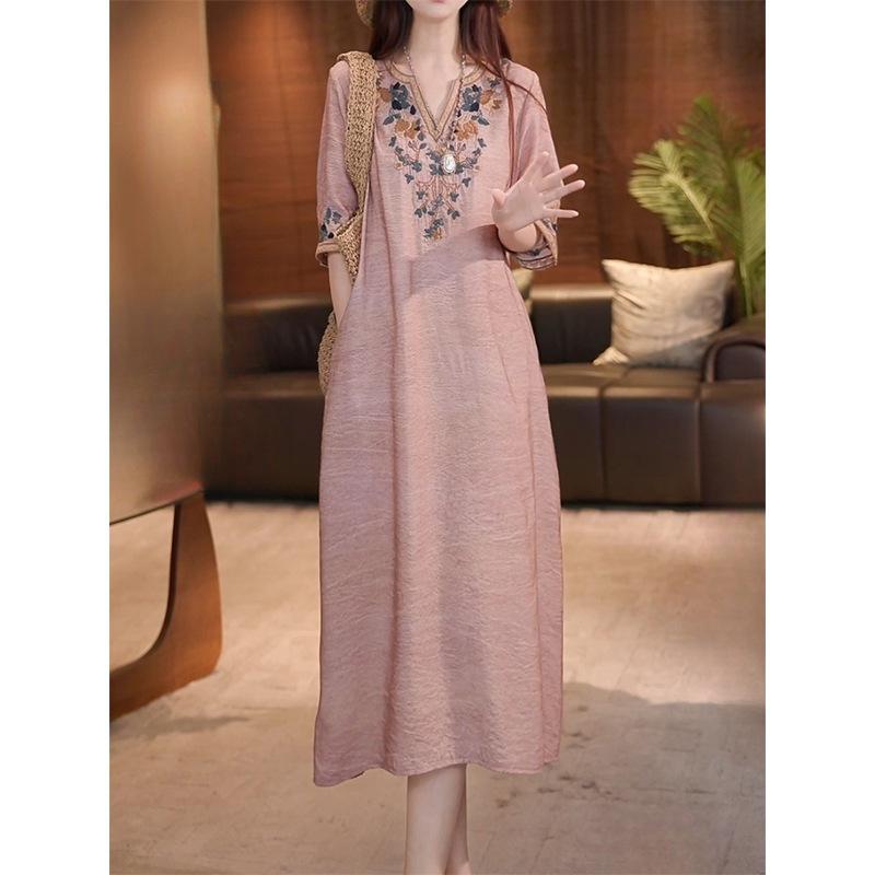 Embroidered V-neck dress women's 2025 summer new large size loose meat-covering temperament long skirt