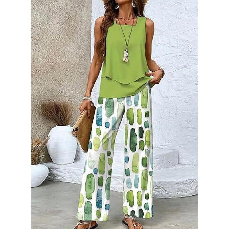 Women's Loose Fit Two Piece Outfit Sleeveless Tank Top High Waist Wide Leg Pants Set With 3D Abstract Print For Casual Summer Daily Wear