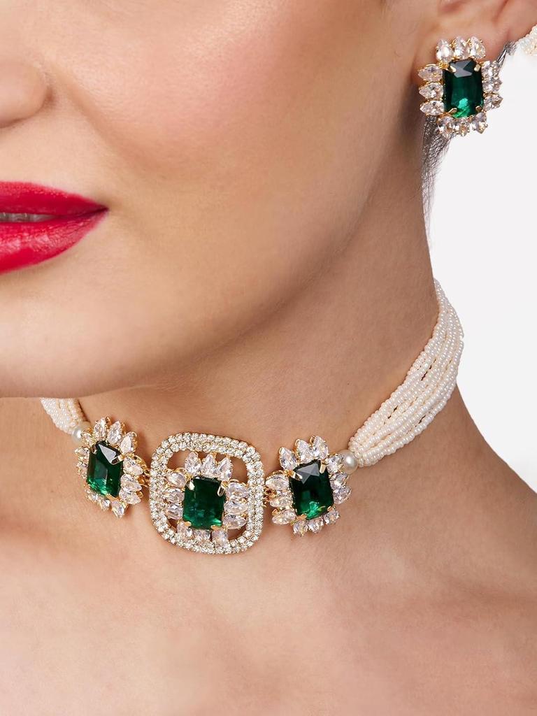 Green Statement Stones Embellished Multistrand Beaded Choker Necklace & Earring Set For Women