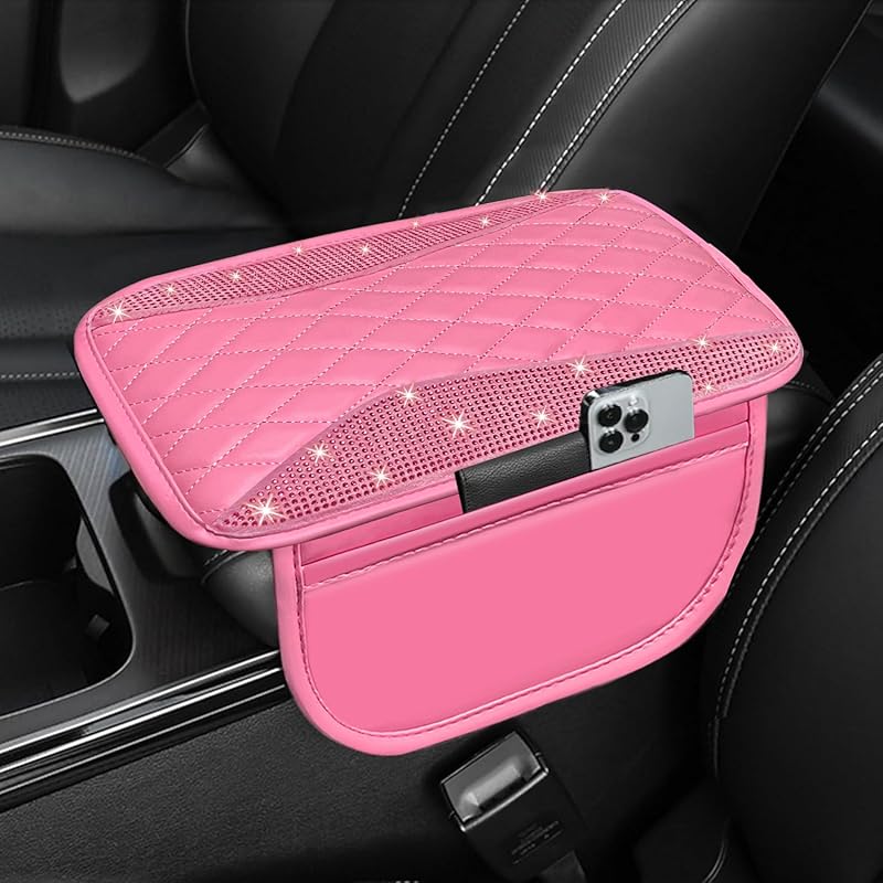 NBTEPEM Bling Car Center Console Cover, Leather Middle Console Cover With 2 Storage Bags, Universal Arm Rest Cover Protector, Bling Car Accessories