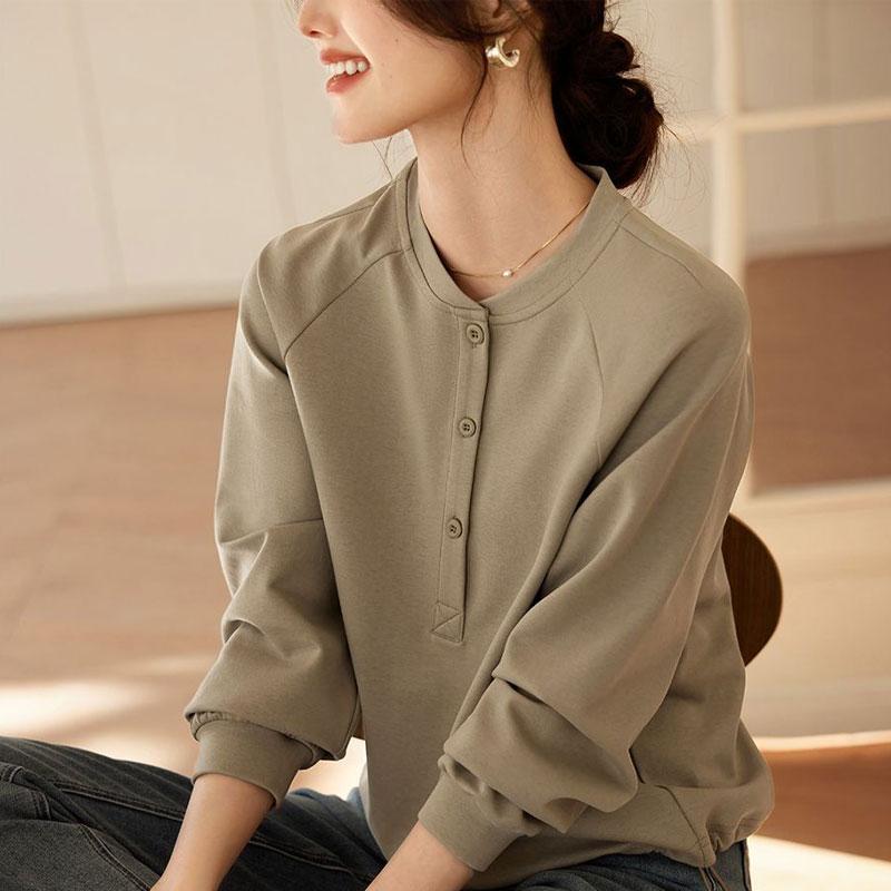 Spring Autumn O-Neck Loose Sweatshirts Casual Long Sleeve Commute Women's Solid Color Basic Fashion Button Pullovers