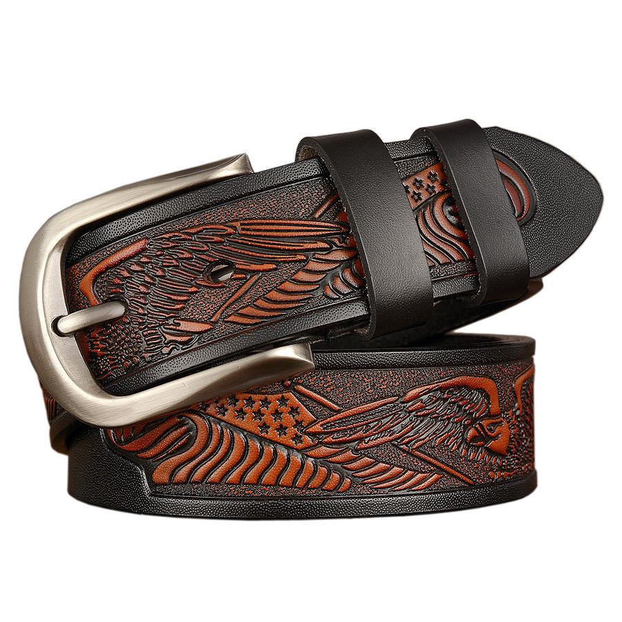 Men's Eagle Carved Wholecut Cowhide Belt - Casual Pin Buckle for Jeans