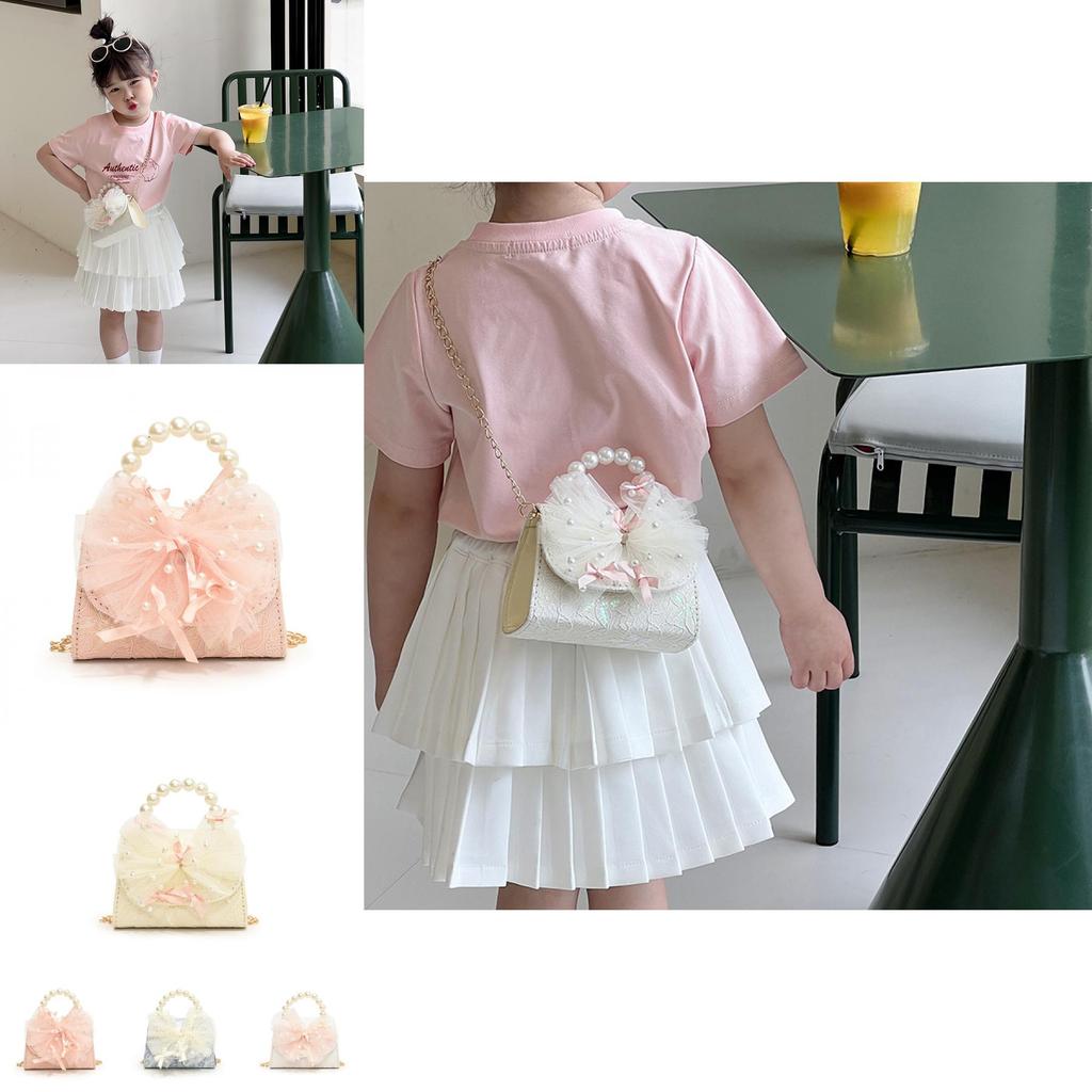 Modern Pink Blue And White Pu Children's Shoulder Bag With Chic Lace Bow Accent