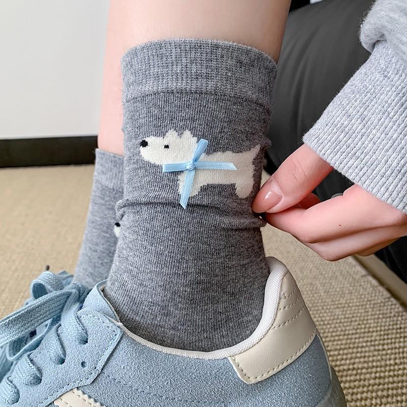 Bow Socks Medium Tube Socks Spring And Autumn Thin Pure Cotton Sweet Cute Cartoon Puppy Pile Socks Women